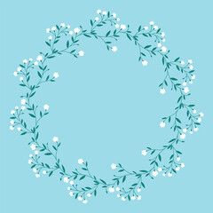Elegant Spring Floral Wreath – a delicate vector frame with white blossoms on a soft blue background. Perfect for invitations, cards, or social media.Vector hand drawn ornament.
