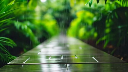 Tropical rainfall on leafy pathway  nature serenity and greenery concept design