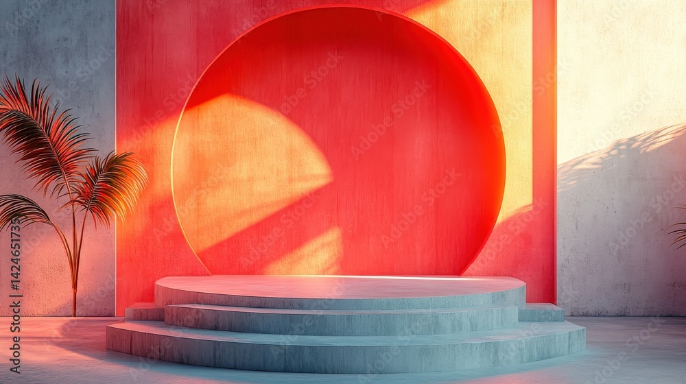 Poster Sunrise light creates a warm atmosphere in a modern architectural space with circular design elements