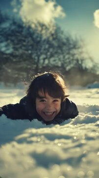  Funny child playing outdoors in the snow with nature, celebrating childhood and freedom
