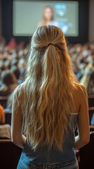 Woman listens to lecture, large crowd
