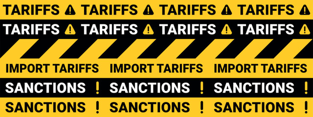 tariffs, sanctions tapes, set of black and yellow seamless warning lines, ribbons, economic zones, trade barriers, restrictions, vector design elements
