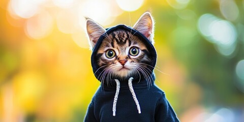 photo of kitten dressed in hoodie