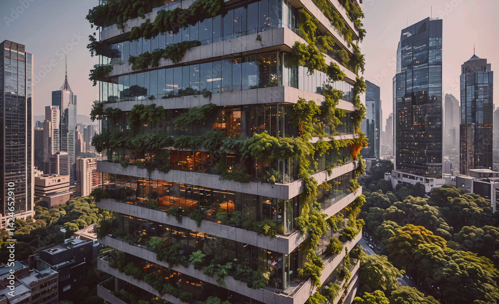 Aufkleber tall building with a green roof and lots of windows. the building is surrounded by trees and is in a