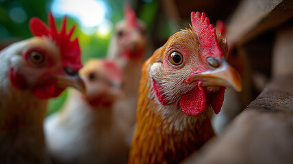 Rare chicken breeds in backyard coop, curious faces close to lens, soft background blur