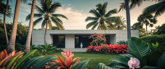Modern house exterior in tropical garden.