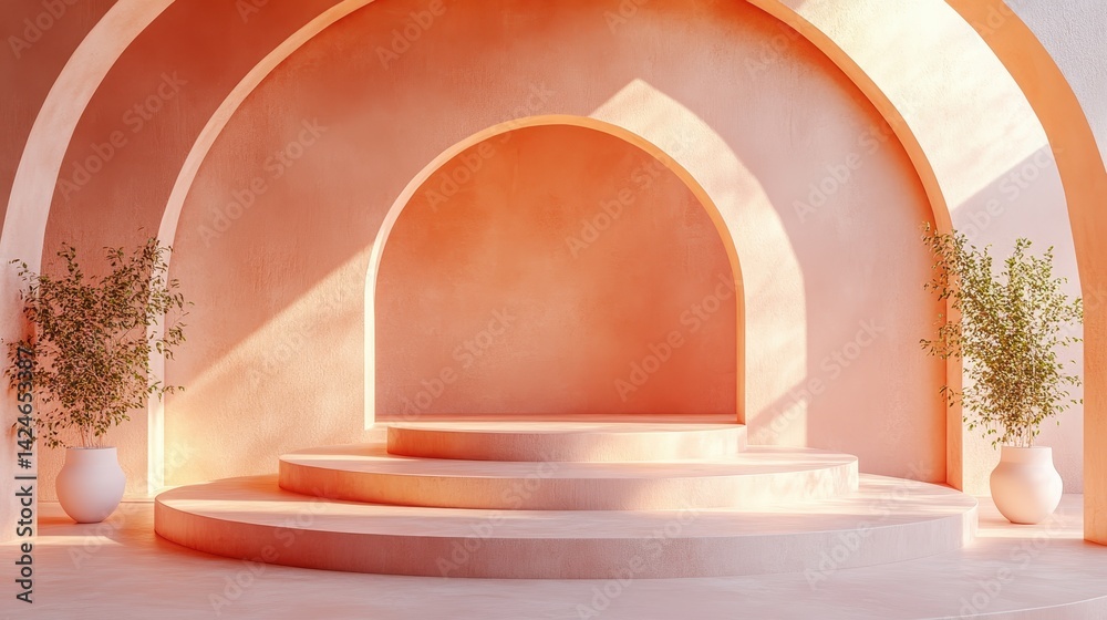 Poster Sunrise light creates a warm atmosphere in a modern architectural space with circular design elements