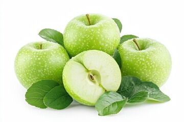 Fresh green apples isolated on white background with vibrant leaves showcasing healthy eating concept and ample copy space for text