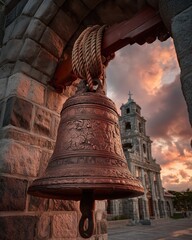 Obraz premium Ornate ceremonial bell under fiery sky and church tower as editorial symbol of papal legacy, tradition, and the silent close of spiritual authority 