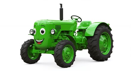Cartoon green tractor smiling isolated on white background for commercial use
