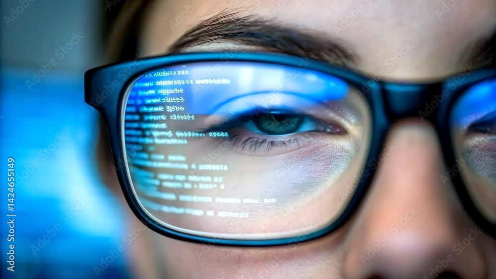 Wall mural close-up of female coder wearing glasses reflecting computer code, symbolizing programming focus, cy