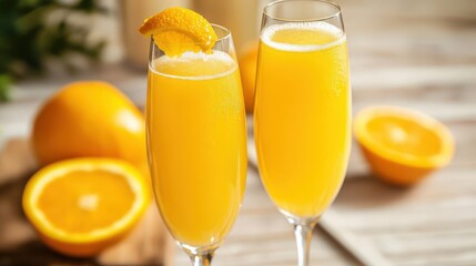 Two glasses filled with orange juice garnished with orange slices