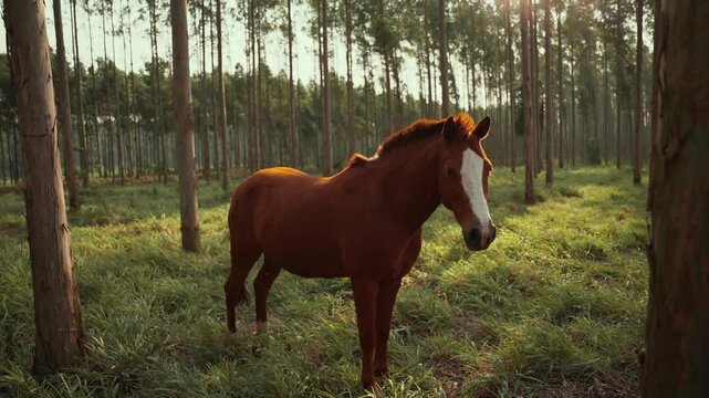 Mare in the pasture surrounded by eucalyptus trees at sunset.