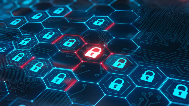 Abstract network of glowing blue hexagons, each containing a lock icon, with one red highlighted lock, symbolizing cybersecurity and data protection