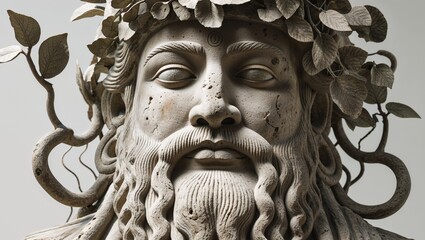 Ancient sculpture representing a bearded deity with foliage crown in stone relief