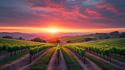 Naklejka premium Serene vineyard rows leading to horizon at sunset in picturesque rural scene