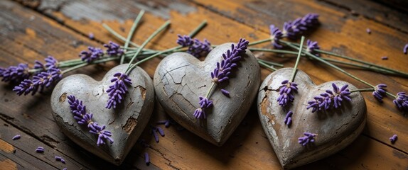 Rustic hearts adorned with lavender sprigs on weathered wood