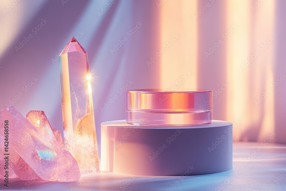 Poster colorful beauty product on a minimalistic display against a softly lit backdrop showcasing gradient 