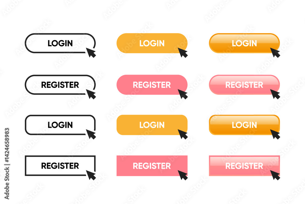 Poster Set of sign in sign up forms. Registration and login buttons. Professional and User-friendly web and UI UX design elements. Username, email and password. Register page button.