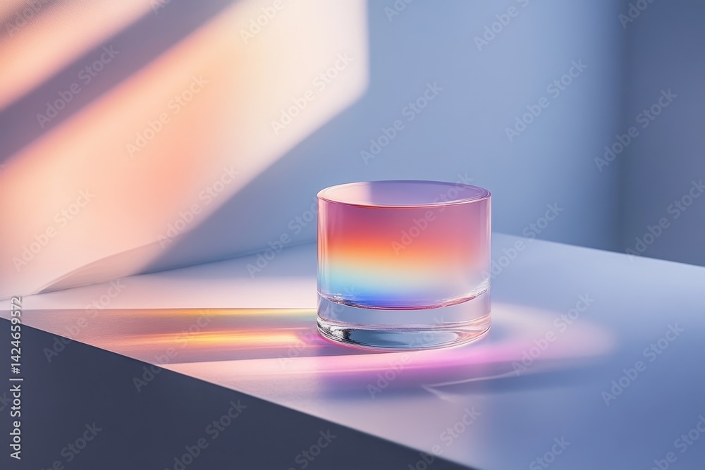 Poster colorful beauty product on a minimalistic display against a softly lit backdrop showcasing gradient 
