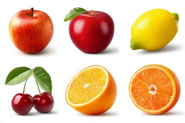Obraz premium Variety of fresh fruits apples, lemon, cherries, and oranges