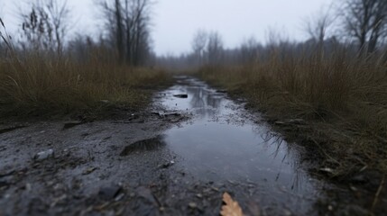 Misty, muddy path through a field