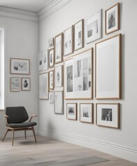 Fototapeta premium Gallery wall mockup, various frames, white background, digital, collage