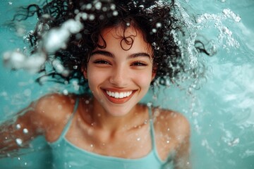 Bright Ñommercial style. Lovely and hot happy mixed-race young woman in green tight t-shirt enjoying turquoise sea, splashes around her. Happy stress-free travel getaway concept layout graphic.