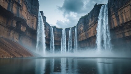 Multiple Waterfalls into a Pool Surrounded by Cliffs