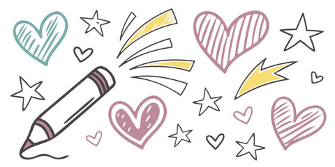 Playful scribbles of crayons, happy arrows, and swirly lines bring a fun, imaginative vibe for young creative minds to explore