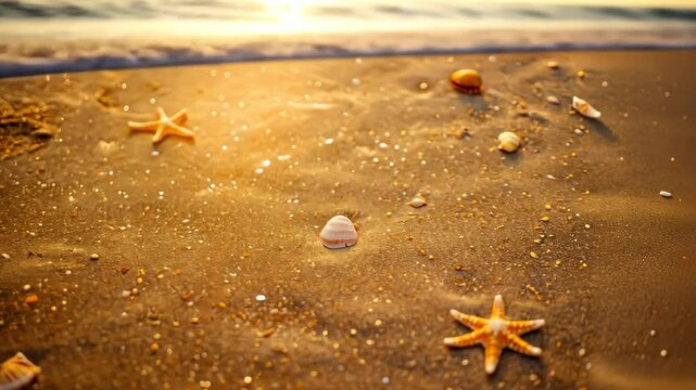 Golden sunset beach with starfish and shells for relaxation themes