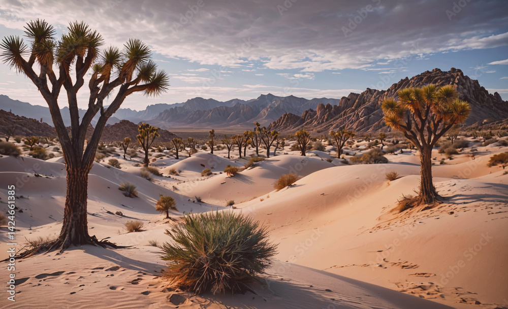 Poster desert landscape with a few trees and a cloudy sky. the sky is a mix of blue and white, and the tree