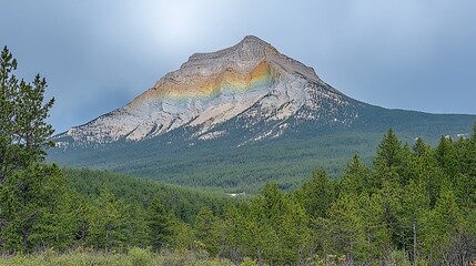Mountain peak with rainbow cloud reflection