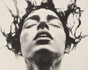 Woman's Portrait, Black and White, Abstract Hair