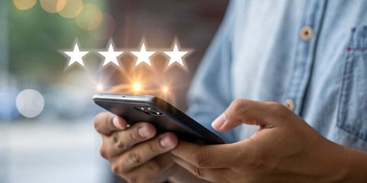 Customer review good rating feedback concept, A person using a smartphone to leave a 5-star review, with emphasizing online feedback. testimonial and testimony, user comment and feedback for review.
