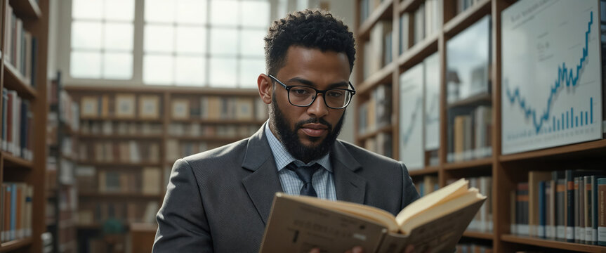 Financial success explored by a professional reading in a library setting