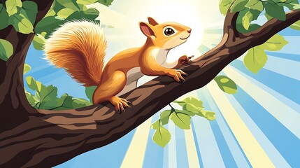 Sunny Squirrel on Tree Branch.