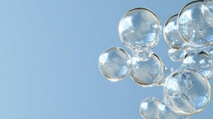 Clear bubbles float against a light blue backdrop.