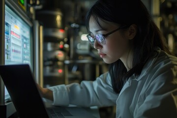 A female scientist meticulously analyzes data on a computer screen in a dimly lit laboratory.