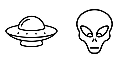Obraz premium Alien spaceship and head outline illustration, icons set, vectors
