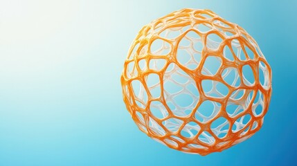 Ornate, honeycombed sphere floats against a light blue gradient.