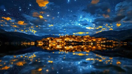 Starry night over a village reflected in a lake - Powered by Adobe