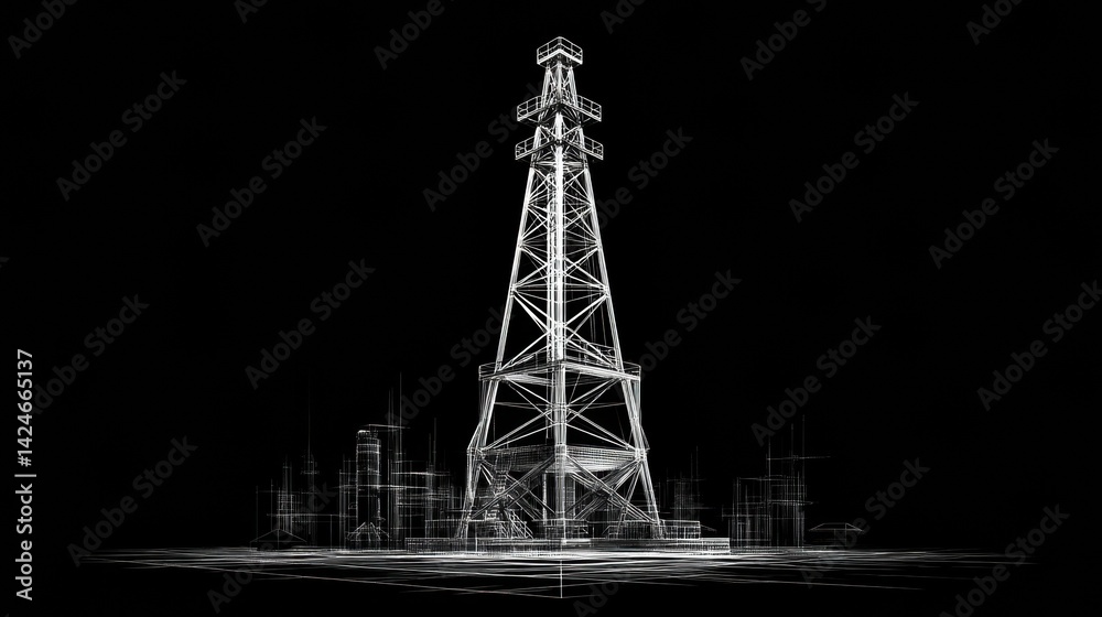 Poster 3D Wireframe Model of an Offshore Oil Rig Displayed Against a Black Background Showcasing Intricate Structural Design and Engineering Details