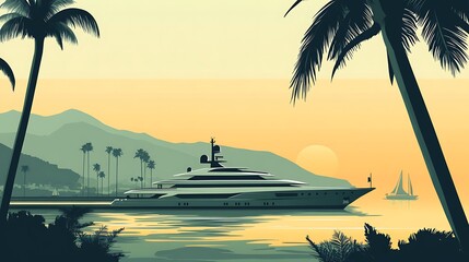 Obraz premium Luxury Yacht Sunset Tropical Bay.