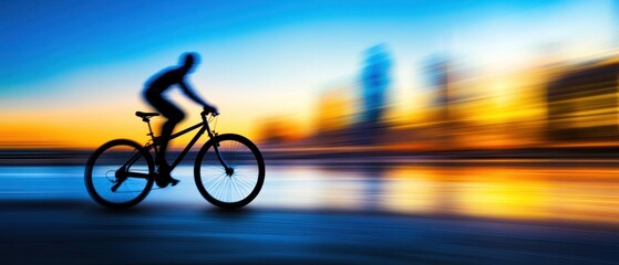 Fototapeta premium Silhouette Cyclist at Sunset: Motion Blur Cityscape