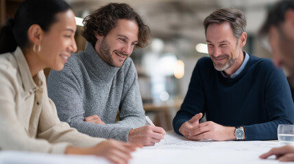 Architects discussing designs in a modern collaborative office space