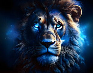 Naklejka premium Majestic Lion Portrait, Glowing Blue Eyes, Dark Background, Digital Art, Fantasy, Wildlife.