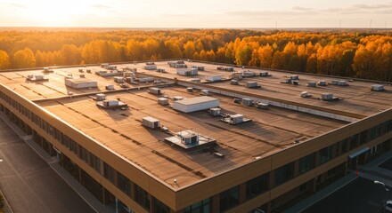 Bird's eye view of a commercial building rooftop with air conditioning units surrounded by vibrant autumn foliage and a warm sunset glow