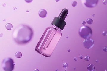 
Bubbles floating around, product photography of a purple serum bottle, minimalistic, against a purple background