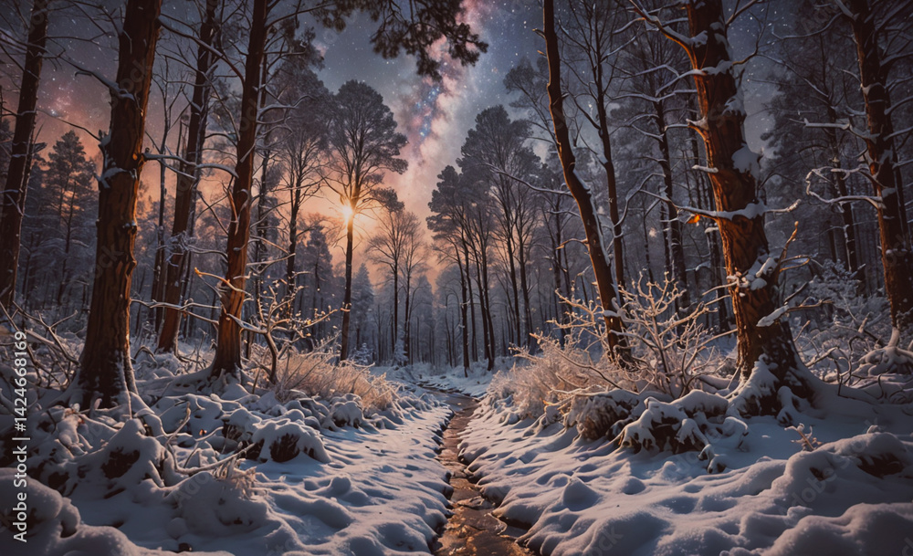 Poster Snowy forest with a path through it. The sky is dark and the stars are visible. The moon is shining brightly in the sky